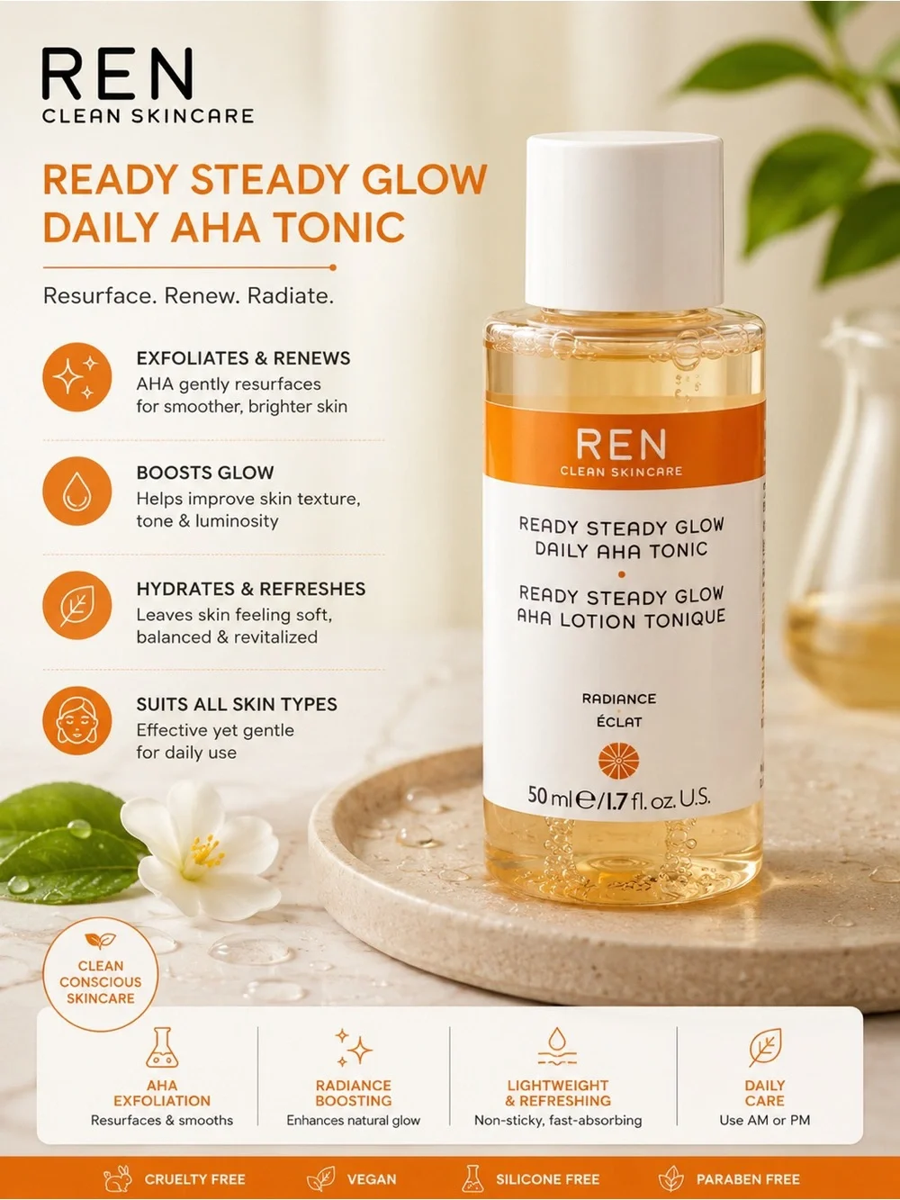 REN Ready Steady Glow Daily AHA Tonic — Orange Radiance Toner